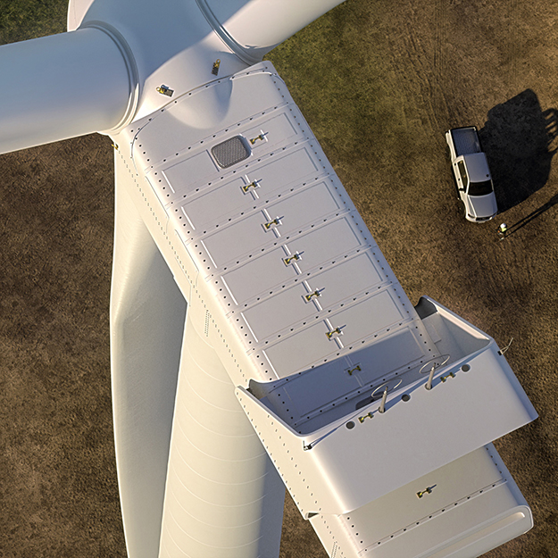 Industrial drone flying near wind turbine, gathering video data for inspection